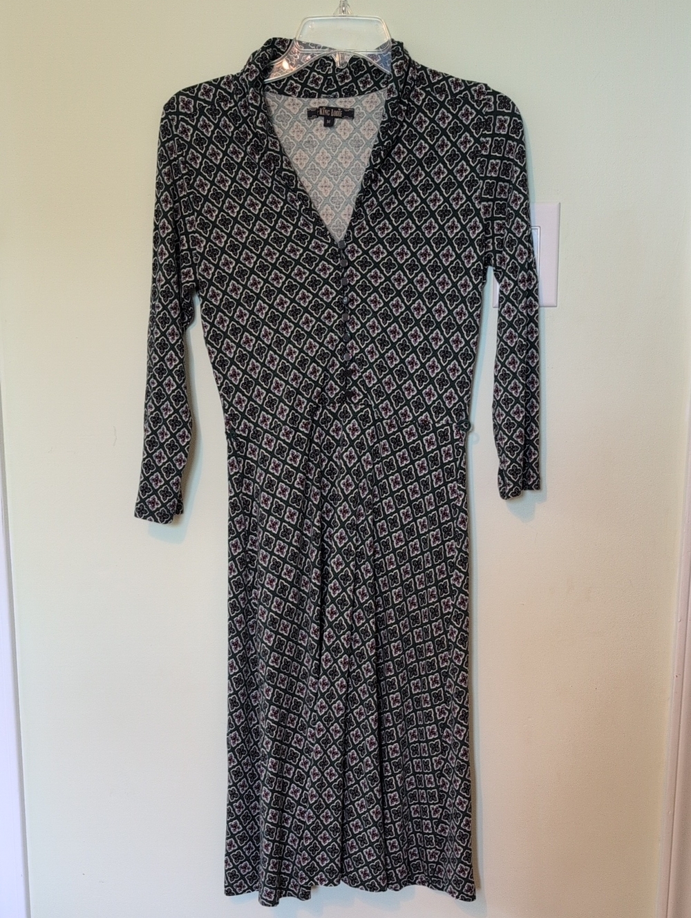 King Louie Geometric Clover Hunter Green Retro V-neck Midi Dress Size, Size M